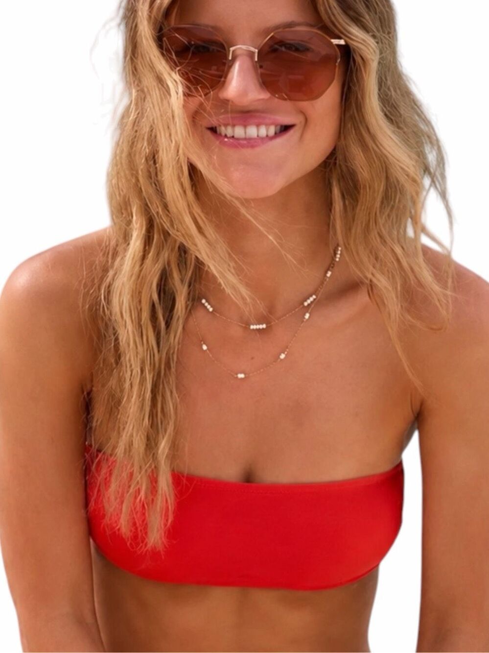 AERIE Red Strapless Bandeau Bikini Top Back Tie Size Small